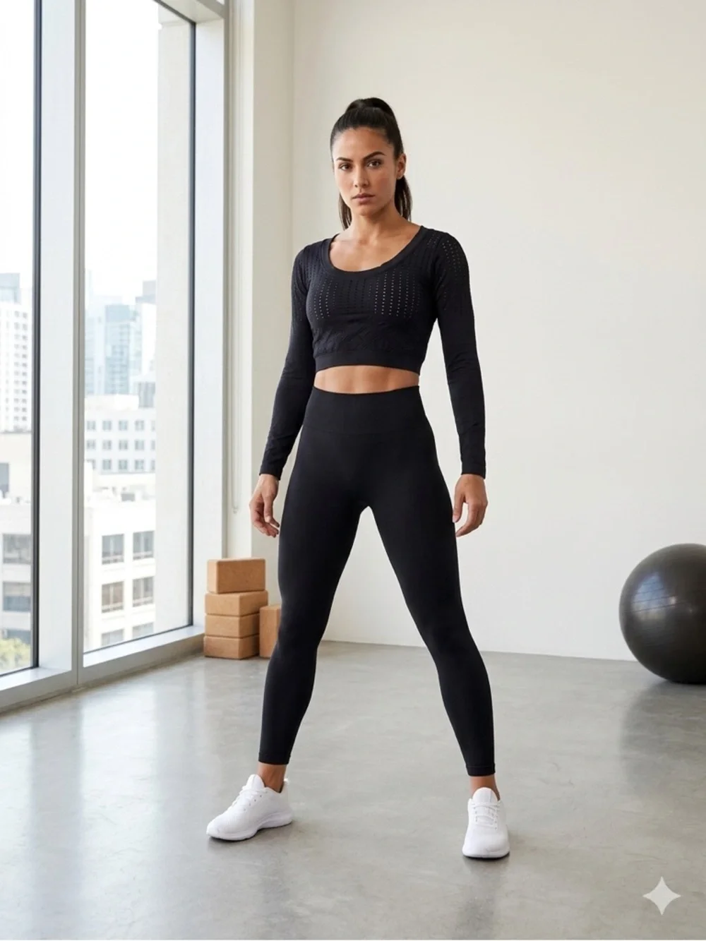 Black Pointelle Long Sleeve Crop Top Workout Yoga S - Picture 2 of 10
